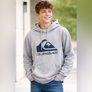 Quiksilver Men's Light Gray Hoodie with Navy Logo